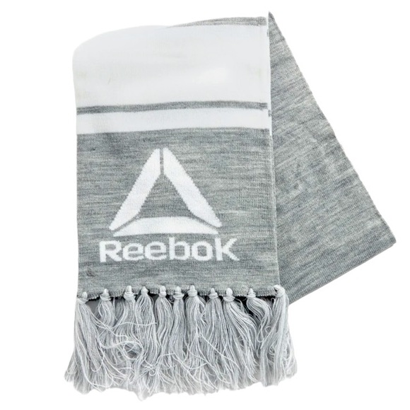 NWT Reebok 2-Piece Logo Set Knit Fringe Scarf and Pom Pom Beanie Gray Mauve - Picture 11 of 12